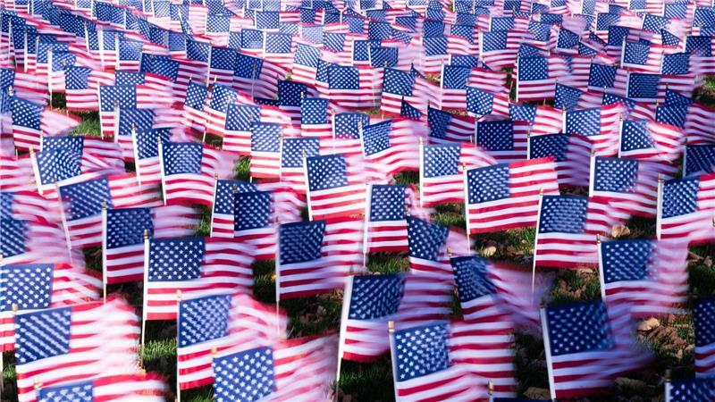 Auf der National Mall in Washington wehen Flaggen im Wind.