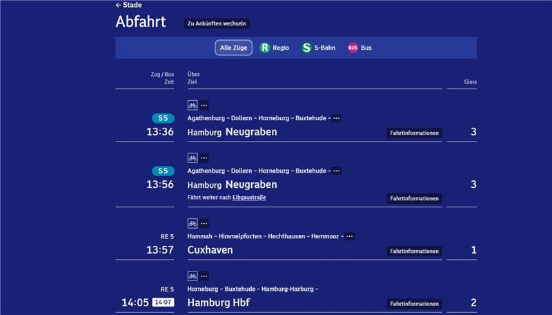 Auf der Seite www.bahnhof.de zeigt die DB den Abfahrtsplan des gewünschten Bahnhofs in Echtzeit an.