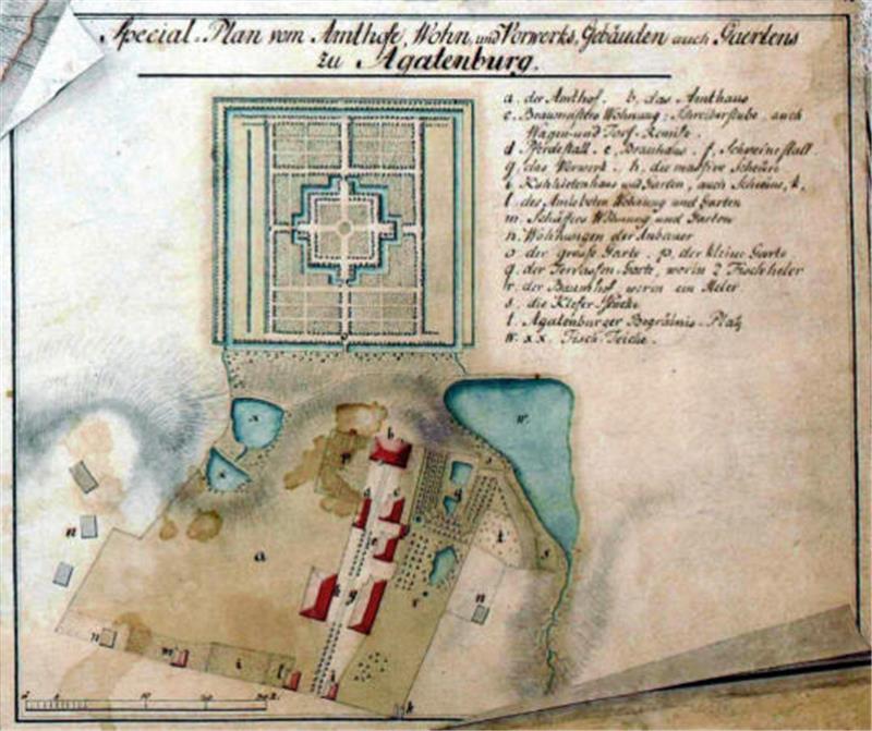 Wie der Gestank am Agathenburger Schloss weichen soll Auf der Zeichnung von Jürgen Christian Findorff von 1776 sind noch der „Renaissance/Barock“-Garten (oben) und der große Teich (rechts) zu sehen.