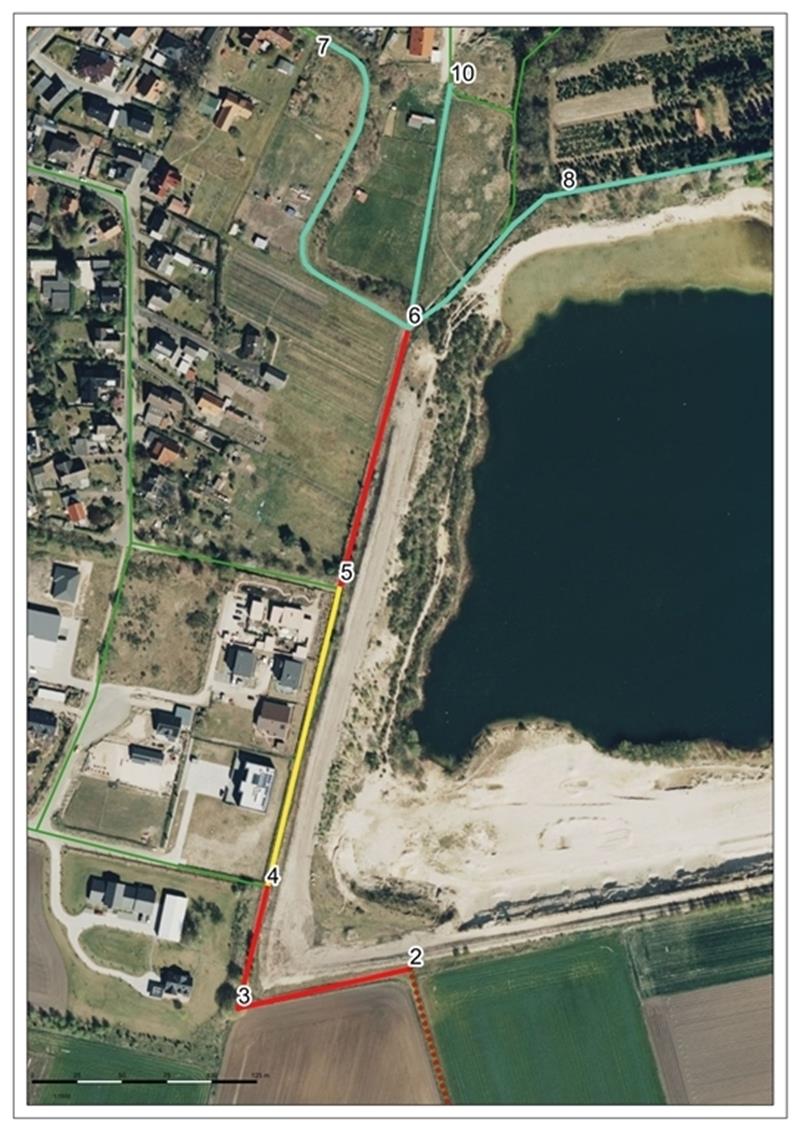 Schinnerweg zwischen Bliedersdorf und Nottensdorf soll verlängert werden Auf der von Volker Dammann erstellten Karte ist der fertiggestellte Schinnerweg (gelb) zu sehen. Priorität bei der Planung haben die roten und rot gepunkteten Strecken. Möglich wären die Wege 7 und 8 (türkis) ab dem Anschlusspunkt 6. Favori