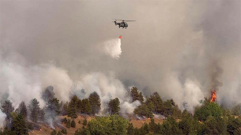 Auf diesem vom serbischen Innenministerium via AP zur Verfügung gestellten Foto bekämpft ein Hubschrauber der serbischen Polizei einen Brand in der Banater Sandwüste oder Deliblatska Peščara, 70 Kilometer nordwestlich von Belgrad.