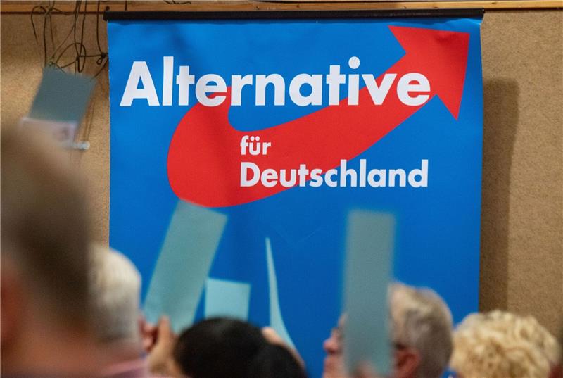 AfD: Klage gegen das Land nach Kritik von Polizeipräsident Auf einem AfD-Parteitag hängt ein Plakat mit dem Schriftzug «Alternative für Deutschland».