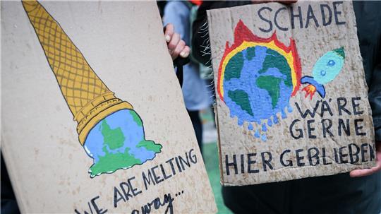 Auf einem Klimaprotest machen Plakate auf die eskalierende Krise aufmerksam. (Symbolbild)