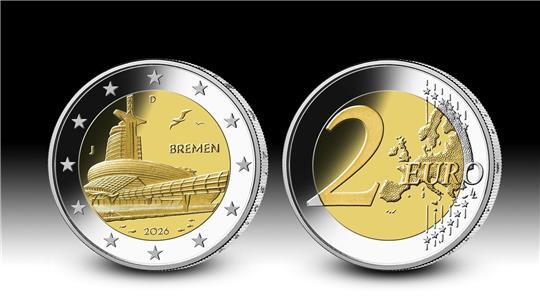 Auf einer neuen Zwei-Euro-Gedenkmünze ist das Klimahaus Bremerhaven zu sehen. (Handout)