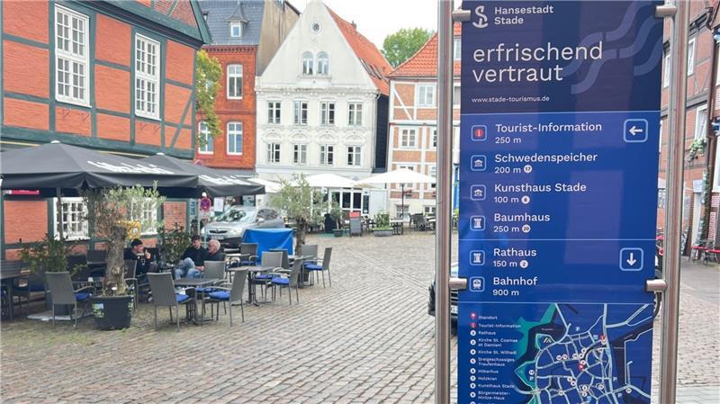 Auffällig in blau gehalten: Die neuen Hinweisschilder von Stade Marketing mit den Sehenswürdigkeiten der Innenstadt.