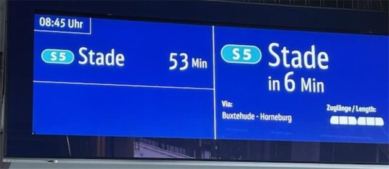 Aus dem Takt war die S-Bahn am Montag, 12. Januar, im Berufsverkehr: Wer an diesem Tag von Neugraben in Richtung Stade fahren wollte, musste 47 Minuten zwischen den beiden Zugverbindungen der Linie S5 warten.