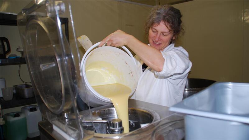 Aus regionaler Rohmilch: Agrarwirtin Elena Martens füllt die Sorte „Gebrannte Mandeln“ in ihre Eismaschine.