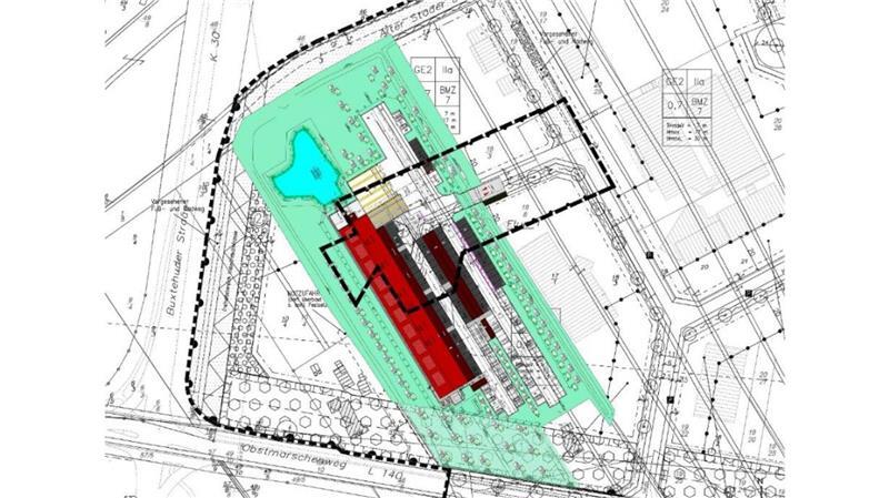 Ausschnitt aus dem Bebauungsplan: So soll der Zustellstützpunkt der DHL-Group in Hollern am Obstmarschenweg (L140) 2026/2027 aussehen.