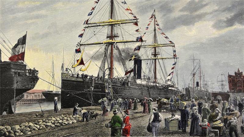 Auswanderer nach Amerika besteigen den Dampfsegler Mosel des Norddeutschen Lloyd in Bremerhaven. Der kolorierte Holzstich entstand um 1880.