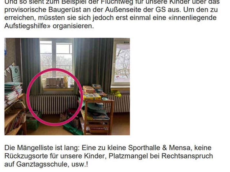 Nächste Eltern auf Barrikaden: Klage über Schimmel und Raumnot Auszug aus dem Brandbrief der Eltern. Über diese Fensterbank müssen Kinder im Brandfall klettern, um über das Gerüst flüchten zu können.