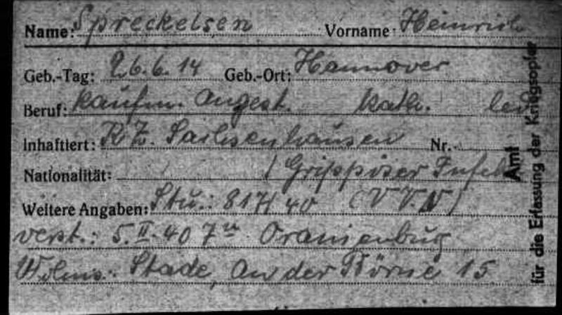 Auszug aus der Akte von Heinrich Spreckelsen zur Erfassung von „Kriegsopfern“.