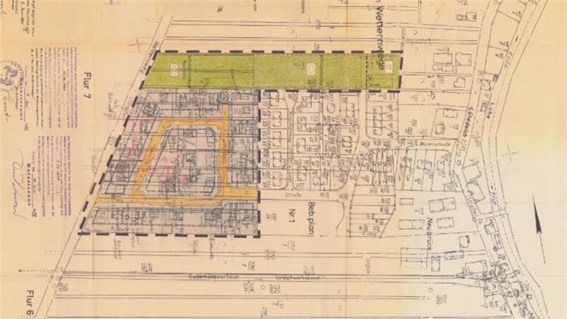Für neue Wohnungen: Sportanlage in Guderhandviertel soll verkauft werden Bebauungsplan von 1983 mit dem Sportgelände (grün) nördlich des Wohngebietes Blütenstraße.