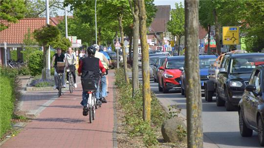 Begegnungsverkehr an der L140 in Jork: Radfahrer fahren hier in beide Richtungen auf dem kombinierten Geh- und Radweg.