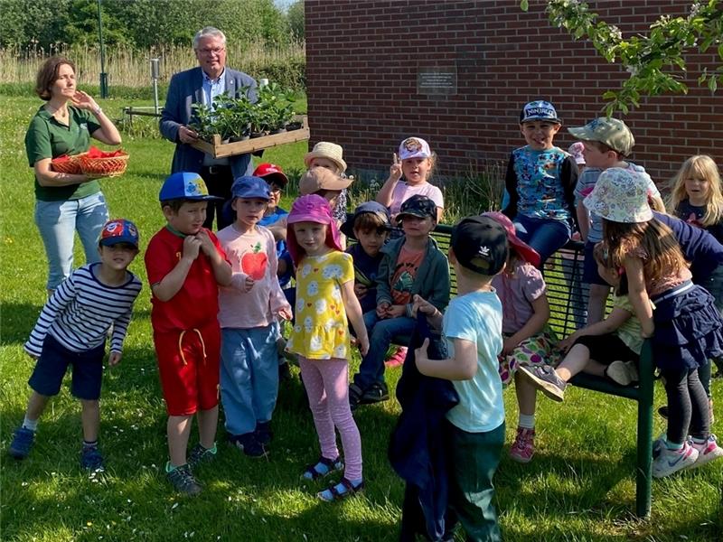 Bei Katharina Kockerols lernten 19 Kinder aus der Kita „Königskinder“ interessante Fakten über den regionalen Obstbau und seine Artenvielfalt. Von Jorks Bürgermeister Matthias Riel gab es anschließend Erdbeerpflanzen für zu Hause. Foto: Deh