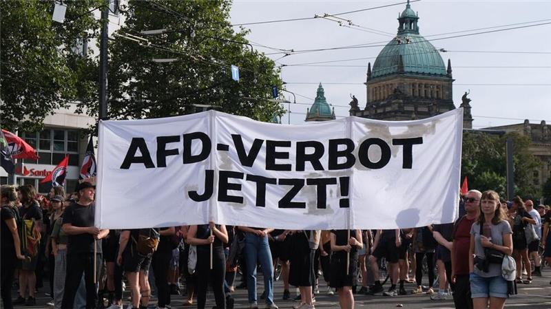 Menschenrechtsinstitut: Chance für AfD-Verbot in Karlsruhe Bei einer Demonstration in Leipzig im August 2024 fordern Teilnehmer ein AfD-Verbot. (Archivbild)