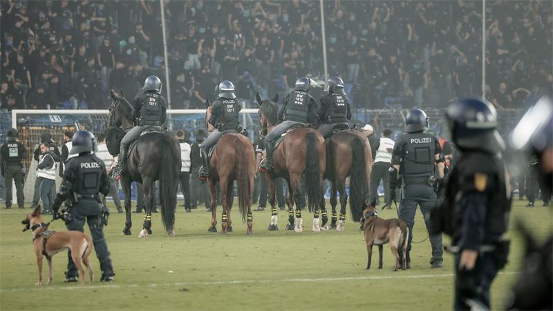 Beim DFB-Pokalspiel in Mannheim war auch berittene Polizei auf dem Spielfeld.