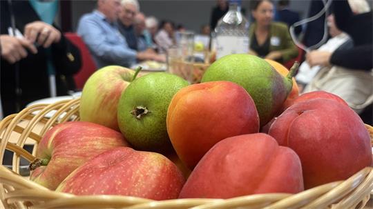 Beim politischen Fachgespräch im Obstbauzentrum Esteburg sind die Konferenztische passend zum Thema gedeckt.