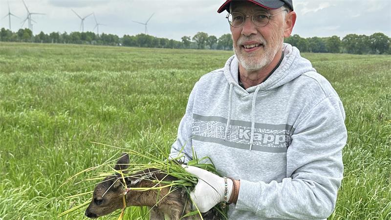 Bernd Schroetter hebt ein Rehkitz aus dem Gras - und bewahrt es so davor, auf der Wiese bei Mäharbeiten getötet zu werden.