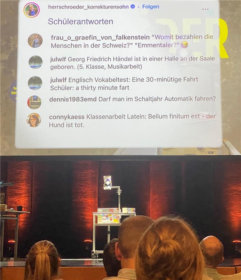 Herr Schröder in Stade: Bei diesem Lehrer wird Schule zur Lachnummer Bevor Herr Schröder vor sein Publikum tritt, werden heitere Häppchen von seinem Social-Media-Kanal auf der Leinwand serviert.