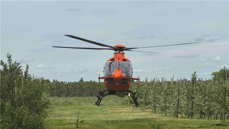 Ein Rettungshubschrauber landet auf einer Obstplantage.