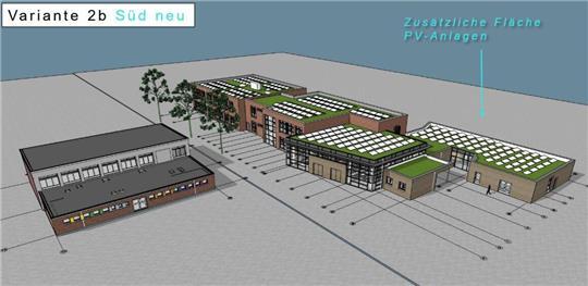 Bevorzugt: Blick auf die von Bürgermeister Timo Gerke und Architektencontor favorisierte Variante für den Neu- und Umbau der Grundschule in Hollern, links ist die Sporthalle zu sehen, rechts der neue Südtrakt mit Flachdach.