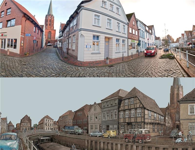 Vernissage mit Bildern einer Stadt am Fluss