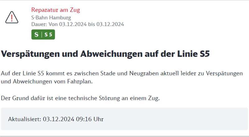 S5: Verspätungen und Zugausfälle zwischen Stade und Neugraben S5: Verspätungen und Zugausfälle zwischen Stade und Neugraben