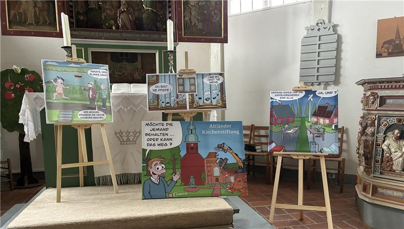 Kunst gegen Schließung: Cartoonist legt Kirche als Mahnung in Trümmern Bilder der Vernissage-Andacht in der St.-Marien-Kirche in Grünendeich.