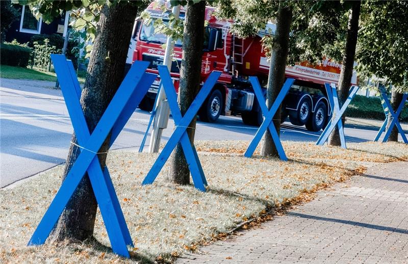 Blaue Kreuze als Zeichen des Protests gegen den geplanten Tunnel zwischen Fehmarn und Dänemark. Foto: picture alliance / dpa