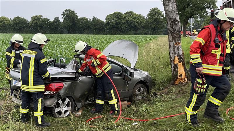 Blick auf das Unfallfahrzeug, rechts ist der Baum zu sehen.