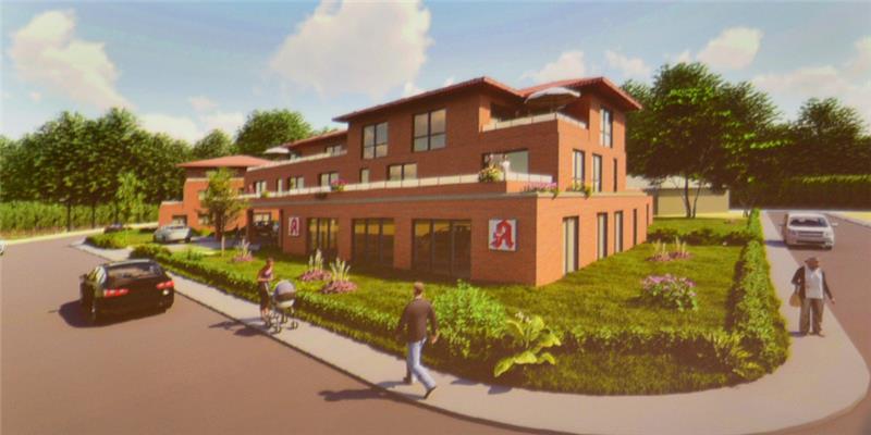 Blick auf den Entwurf für das Gesundheitszentrum von der Kreuzung Hohenfelde/Buxtehuder Straße aus gesehen: Eine feingliedrige Fassade, Dachterrassen und begrünte Dachflächen kennzeichnen den von Licht durchfluteten Komplex. Grafik: Viebrockhaus