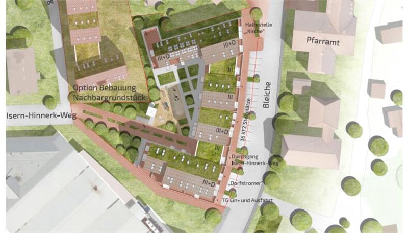 Alte Wache: Abrissbagger schaffen Platz für Wohnen und Gewerbe in Horneburg Blick auf den Lageplan. Rechts liegen Bleiche und Pfarramt, unten ist das Dach von Edeka-Drewes zu sehen.
