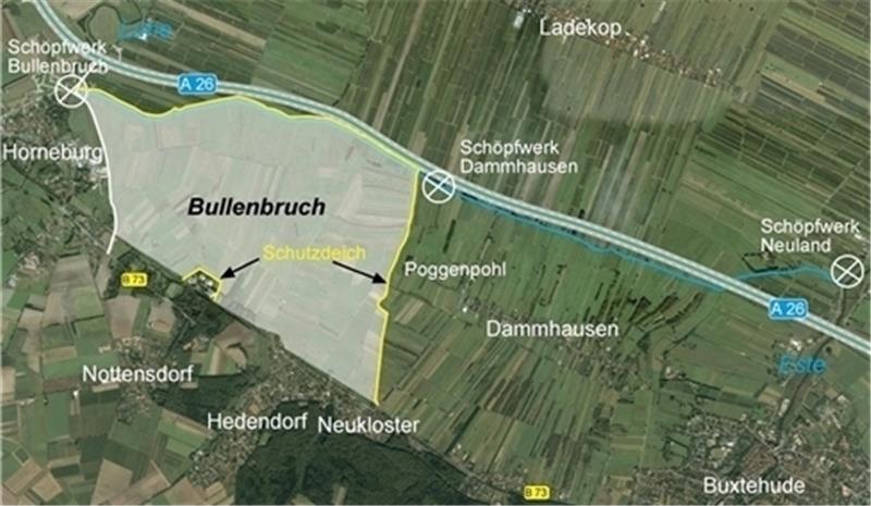 Blick auf den Polder im Bullenbruch . Foto Google Earth/Grafik Schwartau