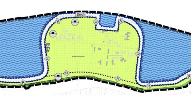 Blick auf den geänderten Flächennutzungsplan im Bereich Hahnöfersand mit Symbolen für Kleilager, Deichflächen und Radweg.