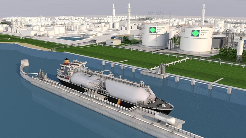 Stader Terminals: LNG-Import bis 2043 - Große Übergabe am Sonnabend Blick auf den geplanten Stader Energie-Hafen (Visualisierung).