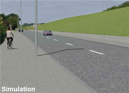 Blick auf den geplanten neuen Deich und den breiten Fuß- und Fahrradweg in Cranz. Weil wenig Platz ist, wird eine Mauer errichtet. Visualisierung: ReGe
