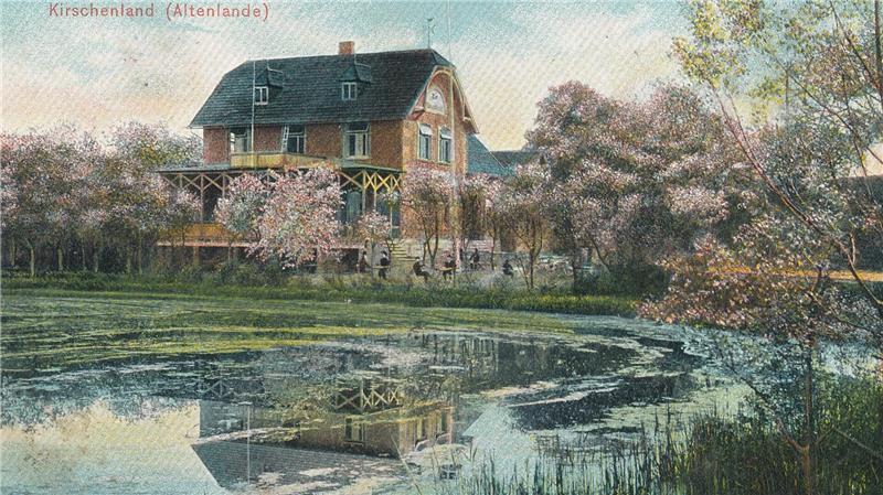 Blick auf die Gaststätte Zur Elbschlucht im Jahr 1908 in Grünendeich. Ab 1961 wurde das Haus von Familie Cohrs betrieben.