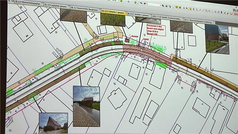 Endlich: Straße der Schlaglöcher in Jork-Gehrden wird saniert Blick auf die Pläne der Ingenieurgesellschaft Niederelbe aus Nottensdorf.