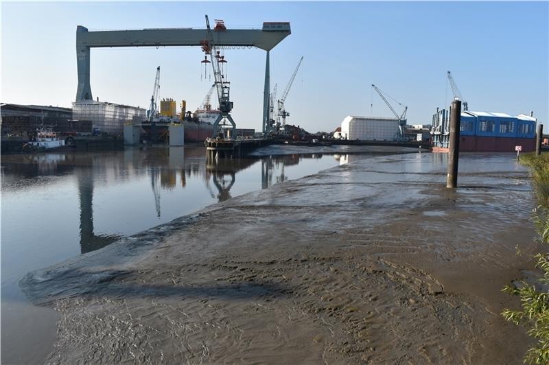 Blick auf die Schlickberge im Bereich der Werft und des Sperrwerks an der Este-Mündung in Neuenfelde/Cranz, hinten links ist der Wasserinjektionsbaggers Njörd zu sehen. Foto: Vasel