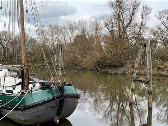 Blick auf die Tjalk Annemarie und den Hafen in Borstel. Foto: Vasel