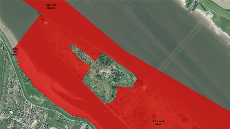Blick auf die Umweltkarte des Landes Niedersachsen für Lühesand. Rot ist das Naturschutzgebiet markiert, der Campingplatz liegt wie eine Insel in der Mitte.