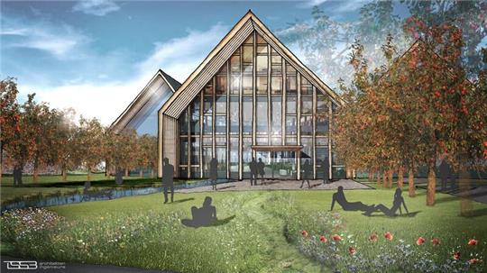 Blick auf die Visualisierung des geplanten Hotels bei Bassenfleth in der Gemeinde Hollern-Twielenfleth.