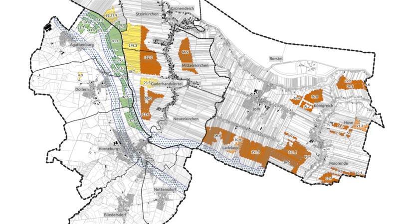 Millionen-Projekt in Nottensdorf im Bau: Solarstrom versorgt 1500 Haushalte Blick auf die in der Potenzialflächenanalyse der Klimaschutzregion Altes Land und Horneburg favorisierten Standorte (farbig) für Freiflächen- und Agri-PV-Anlagen.