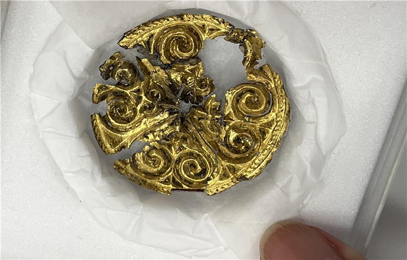 Archäologen sind der mächtigen Sachsen-Fürstin von Assel auf der Spur Blick auf eine Fibel der Fürstin von Assel aus vergoldetem Silberblech mit Kerbschnittverzierung.