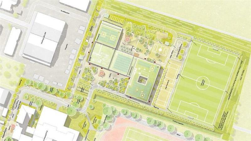 Abwasser und Etat: Gemeinderat Jork stellt Weichen nach Schiet-Streit Blick auf einen Plan der neuen Grundschule in Jork: Goldbeck will bis Sommer 2027 fertig sein, rechts ist Norden, links unten ist die Oberschule zu sehen. Das Feintuning läuft noch.