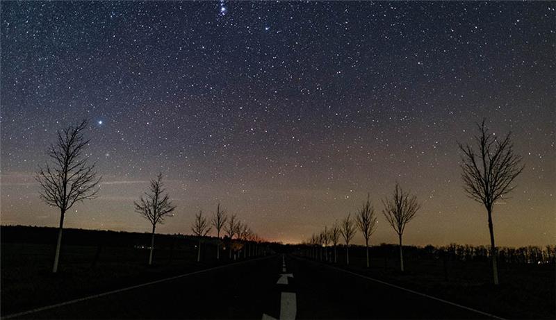 Blick auf einen kleinen Teil der Milchstraße am nächtlichen Sternenhimmel über einer Straße. Der Sternenhimmel zeigt sich zu Jahresbeginn besonders prächtig. Foto: Patrick Pleul/dpa-Zentralbild/dpa