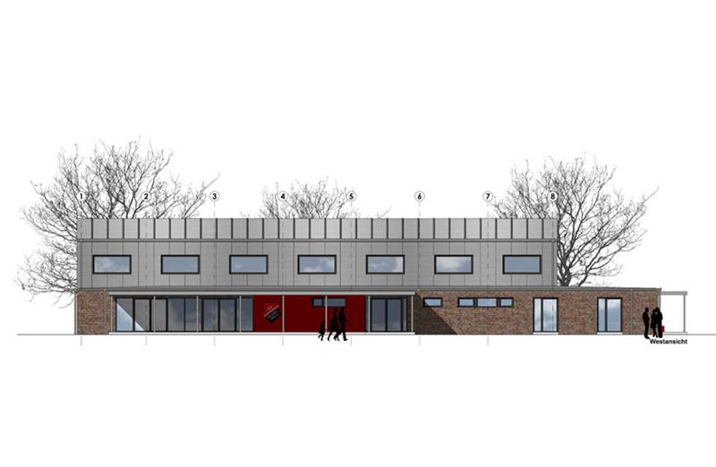 Blick aus Richtung Westen: So könnte die neue Mehrzweckhalle einmal aussehen. Zeichnung Ganske & Partner