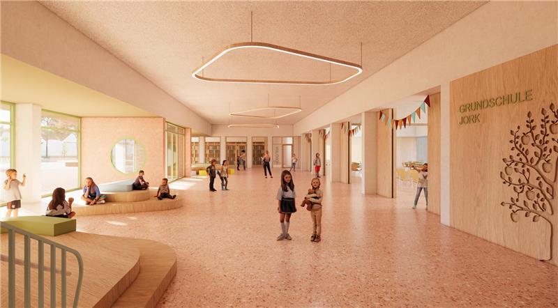 Blick in die Zukunft: So soll die neue Grundschule in Jork aussehen Blick in das Foyer der Grundschule Jork, im Hintergrund ist die Bücherei zu sehen. Rechts ist ein stilisierter Apfelbaum zu sehen.