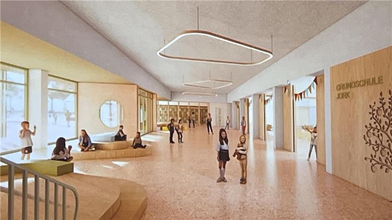 Millionenprojekt: Spatenstich für die neue Grundschule in Jork Blick in das Foyer der Grundschule Jork, im Hintergrund ist die Bücherei zu sehen.