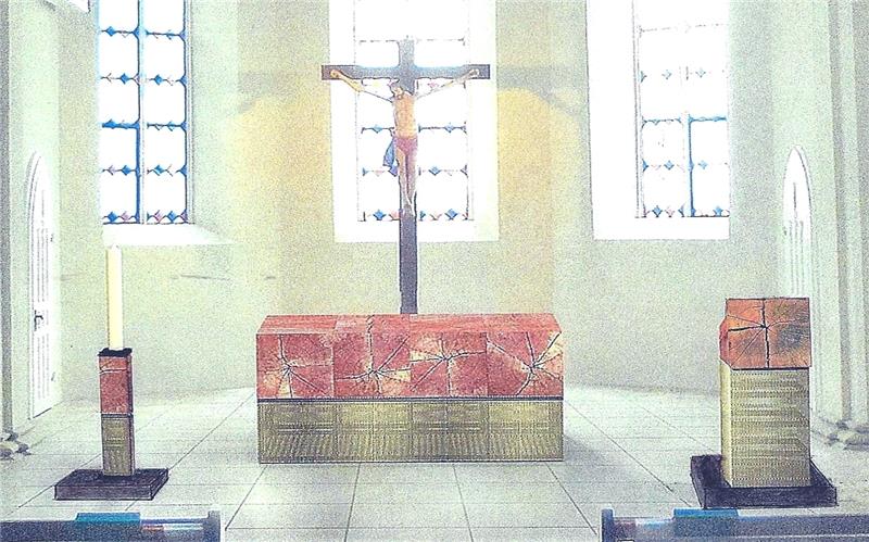 Blick in die Kirche: Nach diesem Entwurf von Künstler Matthias Weber werden der Altar und die Kanzel hergerichtet. Fotos Rothermundt/Beneke